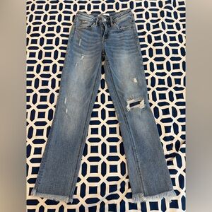 Light Wash Distressed Straight Leg Jeans - Blue